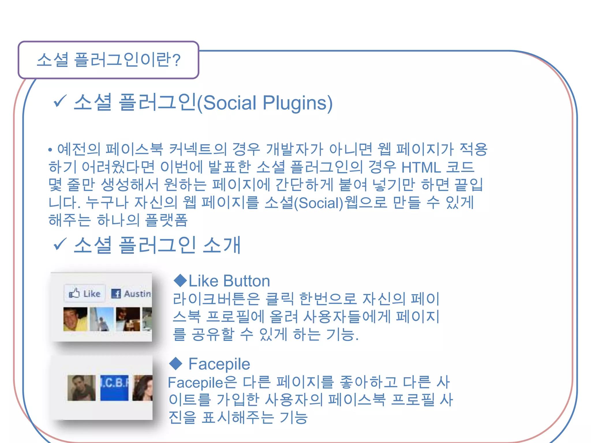 페이스북은소셜 네트워크 서비스의 기본 기능인 친구 관리 외에도 게임과 기사 공유, 동영상 게재 등 다양한 기능을 갖고 있다. 앱이라 불리는 응용프로그램 설치로 자유롭게 기능을 추가할 수도 있어 사용자에 따라 쓰임새를 바꿀 수도 있다.       <게임앱(카페라이프)을 통한 플레이사진>