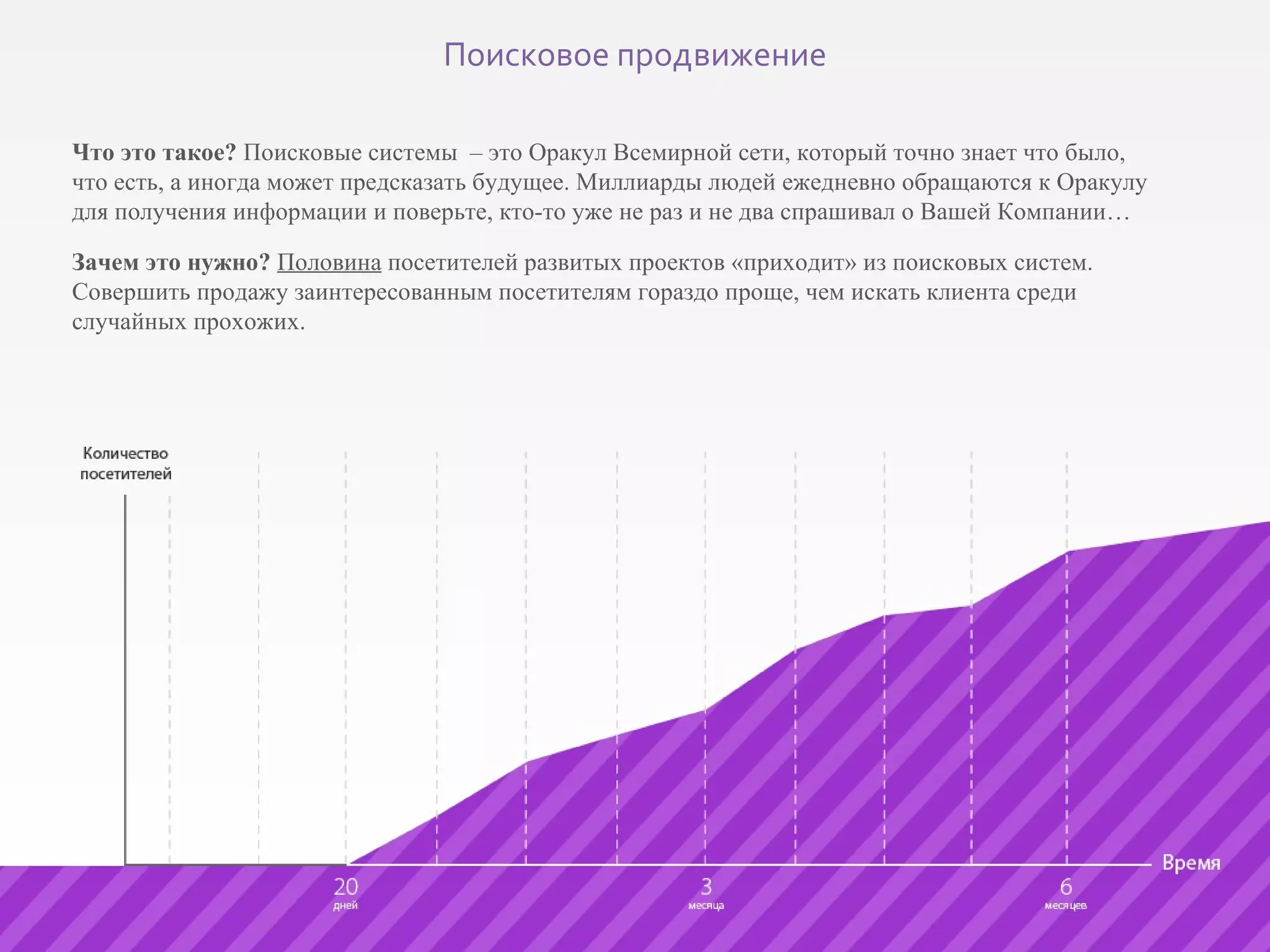 Что это такое?  Поисковые системы  – это Оракул Всемирной сети, который точно знает что было, что есть, а иногда может предсказать будущее. Миллиарды людей ежедневно обращаются к Оракулу для получения информации и поверьте, кто-то уже не раз и не два спрашивал о Вашей Компании… Зачем это нужно?  Половина  посетителей развитых проектов «приходит» из поисковых систем. Совершить продажу заинтересованным посетителям гораздо проще, чем искать клиента среди случайных прохожих.   Поисковое продвижение 