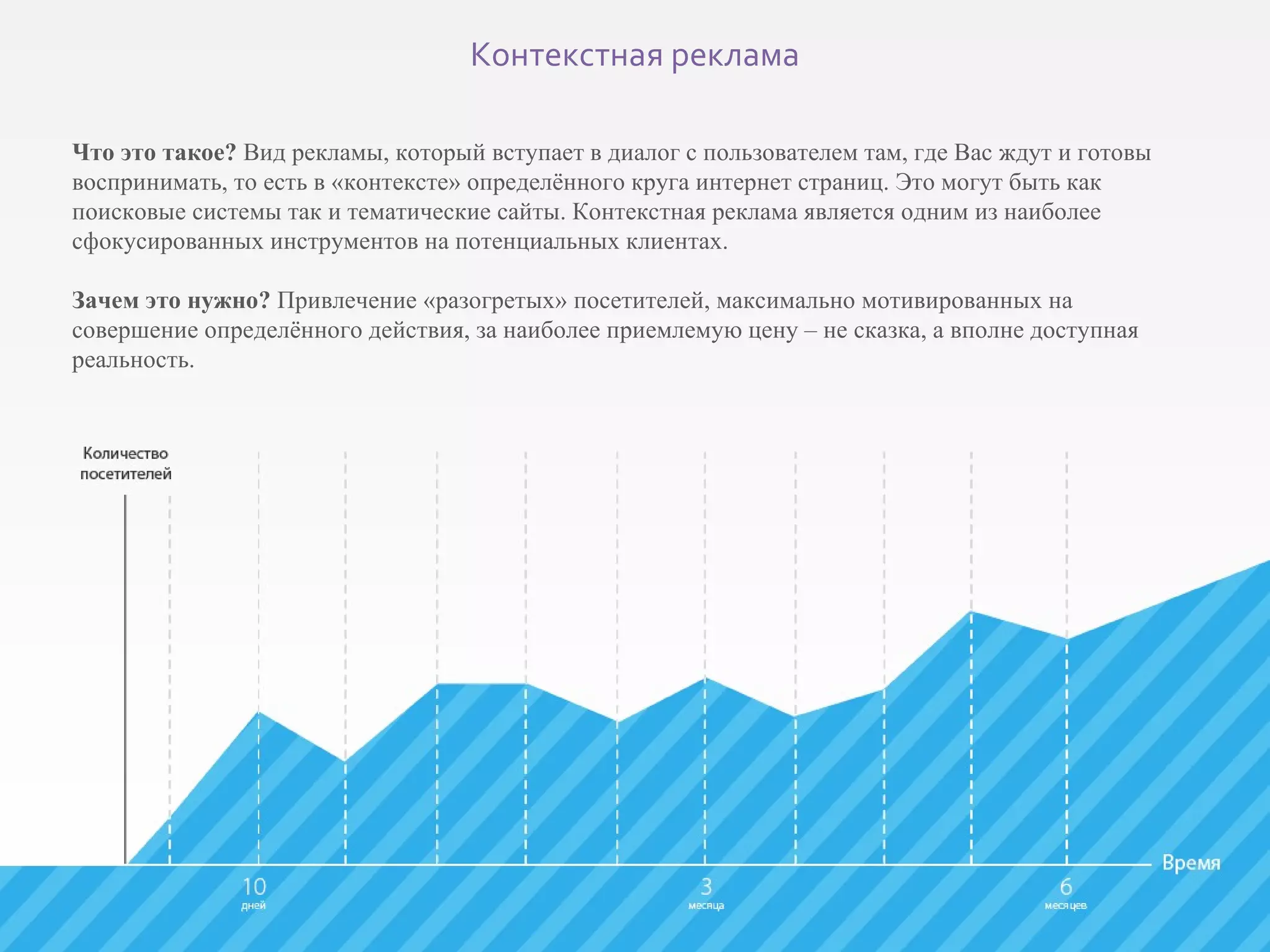 Что это такое?  Вид рекламы, который вступает в диалог с пользователем там, где Вас ждут и готовы воспринимать, то есть в «контексте» определённого круга интернет страниц. Это могут быть как поисковые системы так и тематические сайты. Контекстная реклама является одним из наиболее сфокусированных инструментов на потенциальных клиентах. Зачем это нужно?  Привлечение «разогретых» посетителей, максимально мотивированных на совершение определённого действия, за наиболее приемлемую цену – не сказка, а вполне доступная реальность.  Контекстная реклама 