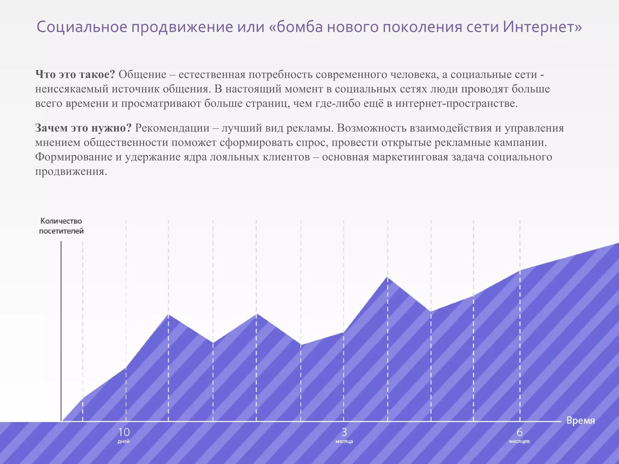 Что это такое?  Общение – естественная потребность современного человека, а социальные сети - неиссякаемый источник общения. В настоящий момент в социальных сетях люди проводят больше всего времени и просматривают больше страниц, чем где-либо ещё в интернет-пространстве. Зачем это нужно?  Рекомендации – лучший вид рекламы. Возможность взаимодействия и управления мнением общественности поможет сформировать спрос, провести открытые рекламные кампании.  Формирование и удержание ядра лояльных клиентов – основная маркетинговая задача социального продвижения.  Социальное продвижение или «бомба нового поколения сети Интернет» 