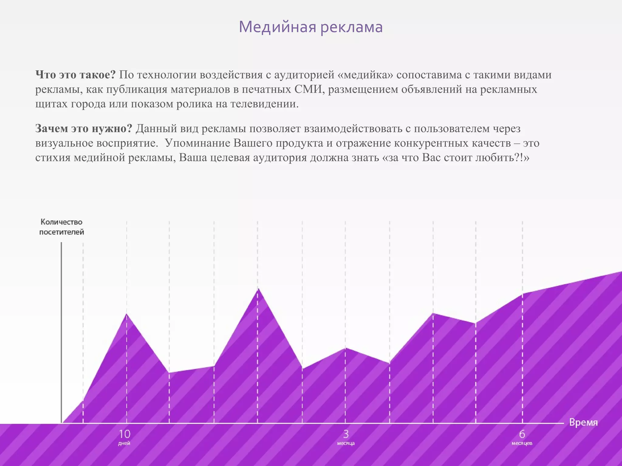 Что это такое?  По технологии воздействия с аудиторией «медийка» сопоставима с такими видами рекламы, как публикация материалов в печатных СМИ, размещением объявлений на рекламных щитах города или показом ролика на телевидении. Зачем это нужно?  Данный вид рекламы позволяет взаимодействовать с пользователем через визуальное восприятие.  Упоминание Вашего продукта и отражение конкурентных качеств – это стихия медийной рекламы, Ваша целевая аудитория должна знать «за что Вас стоит любить?!» Медийная реклама 