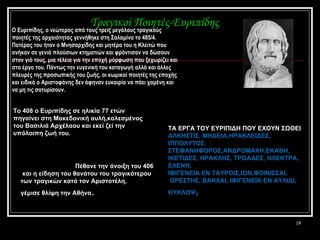 Τραγικοί Ποιητές-Ευριπίδης Ο Ευριπίδης, ο νεώτερος από τους τρεις μεγάλους τραγικούς ποιητές της αρχαιότητας γεννήθηκε στη Σαλαμίνα το 485/4. Πατέρας του ήταν ο Μνησαρχίδης και μητέρα του η Κλειτώ που ανήκαν σε γενιά πλούσιων κτηματιών και φρόντισαν να δώσουν στον γιό τους, μια τέλεια για την εποχή μόρφωση που ξεχωρίζει και στο έργο του. Πάντως την ευγενική του καταγωγή αλλά και άλλες πλευρές της προσωπικής του ζωής, οι κωμικοί ποιητές της εποχής και ειδικά ο Αριστοφάνης δεν άφηναν ευκαιρία να πάει χαμένη και να μη τις σατυρίσουν. Το 408 ο Ευριπίδης σε ηλικία 77 ετών  πηγαίνει στη Μακεδονική αυλή,καλεσμένος του Βασιλιά   Αρχέλαου και εκεί ζεί την  υπόλοιπη ζωή του. Πέθανε την άνοιξη του 406  και η είδηση του θανάτου του τραγικότερου  των τραγικών κατά τον Αριστοτέλη,  γέμισε θλίψη την Αθήνα . ΤΑ ΕΡΓΑ ΤΟΥ ΕΥΡΙΠΙΔΗ ΠΟΥ ΕΧΟΥΝ ΣΩΘΕΙ ΑΛΚΗΣΤΙΣ, ΜΗΔΕΙΑ,ΗΡΑΚΛΕΙΔΕΣ, ΙΠΠΟΛΥΤΟΣ ΣΤΕΦΑΝΗΦΟΡΟΣ,ΑΝΔΡΟΜΑΧΗ,ΕΚΑΒΗ, ΙΚΕΤΙΔΕΣ, ΗΡΑΚΛΗΣ, ΤΡΩΑΔΕΣ, ΗΛΕΚΤΡΑ, ΕΛΕΝΗ, ΙΦΙΓΕΝΕΙΑ ΕΝ ΤΑΥΡΟΙΣ,ΙΩΝ,ΦΟΙΝΙΣΣΑΙ, ΟΡΕΣΤΗΣ, ΒΑΚΧΑΙ, ΙΦΙΓΕΝΕΙΑ ΕΝ ΑΥΛΙΔΙ, ΚΥΚΛΩΨ , 