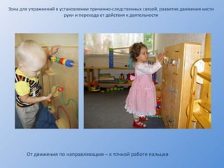 Зона для упражнений в установлении причинно-следственных связей, развития движения кисти руки и перехода от действия к деятельности От движения по направляющим – к точной работе пальцев 