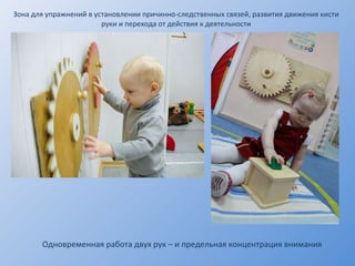 Зона для упражнений в установлении причинно-следственных связей, развития движения кисти руки и перехода от действия к деятельности Одновременная работа двух рук – и предельная концентрация внимания 