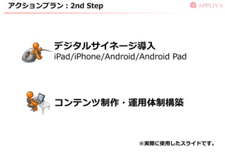 ゕクションプラン：2nd Step




        デジタルサ゗ネージ導入
        iPad/iPhone/Android/Android Pad




        コンテンツ制作・運用体制構築



                           ※実際に使用したスラ゗ドです。
 