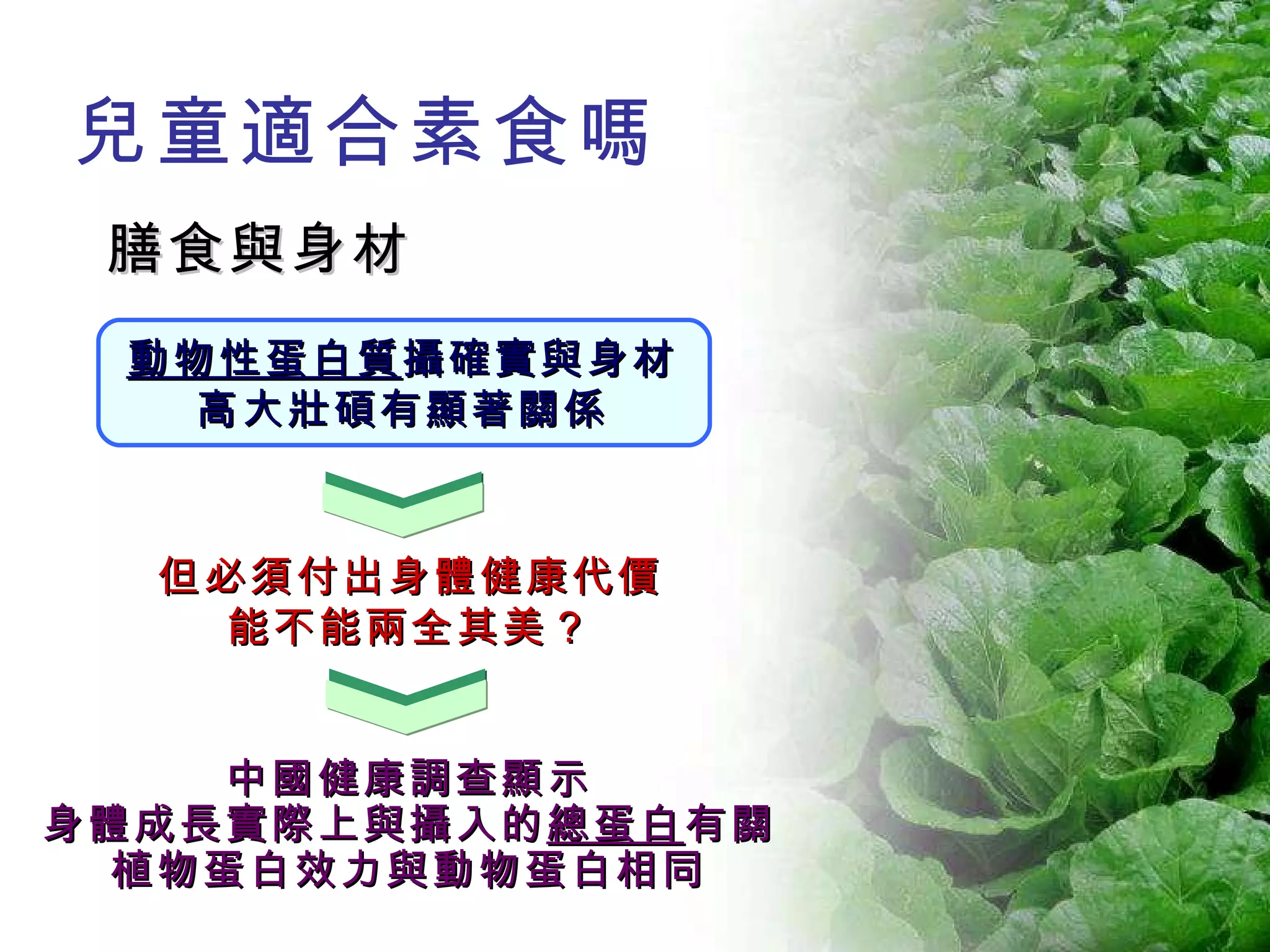 膳食與身材 中國健康調查顯示 身體成長實際上與攝入的 總蛋白 有關 植物蛋白效力與動物蛋白相同 但必須付出身體健康代價 能不能兩全其美 ？ 兒童適合素食嗎 動物性蛋白質 攝確實與身材 高大壯碩有顯著關係 
