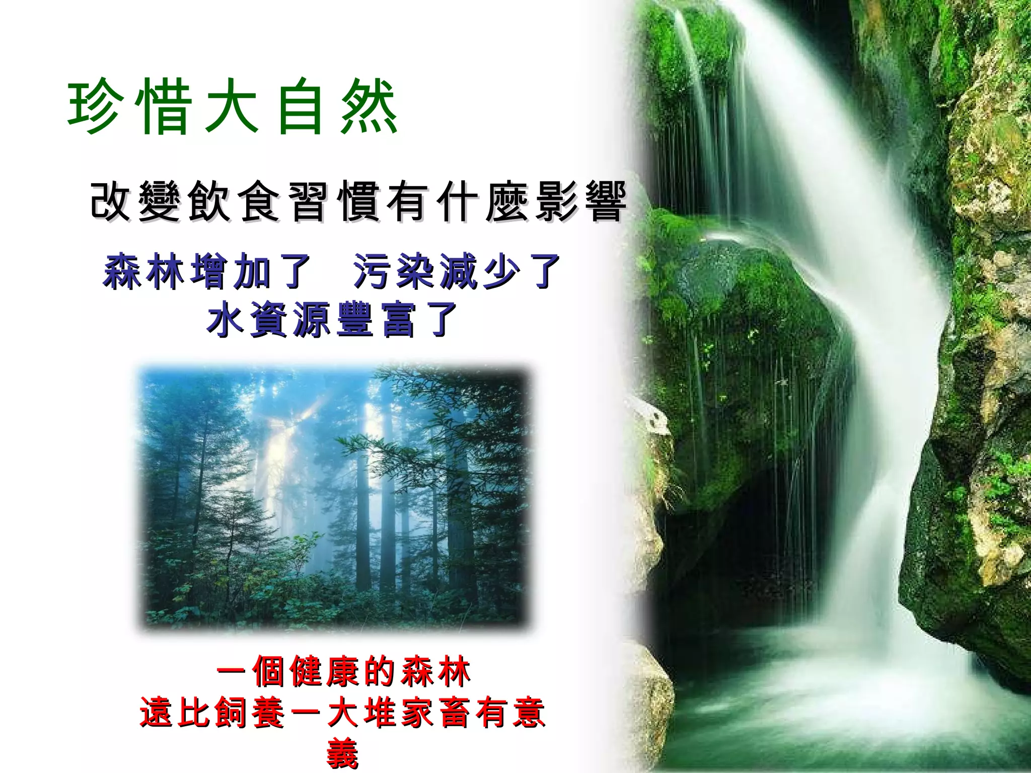 珍惜大自然 改變飲食習慣有什麼影響 森林增加了  污染減少了 水資源豐富了 一個健康的森林 遠比飼養一大堆家畜有意義 
