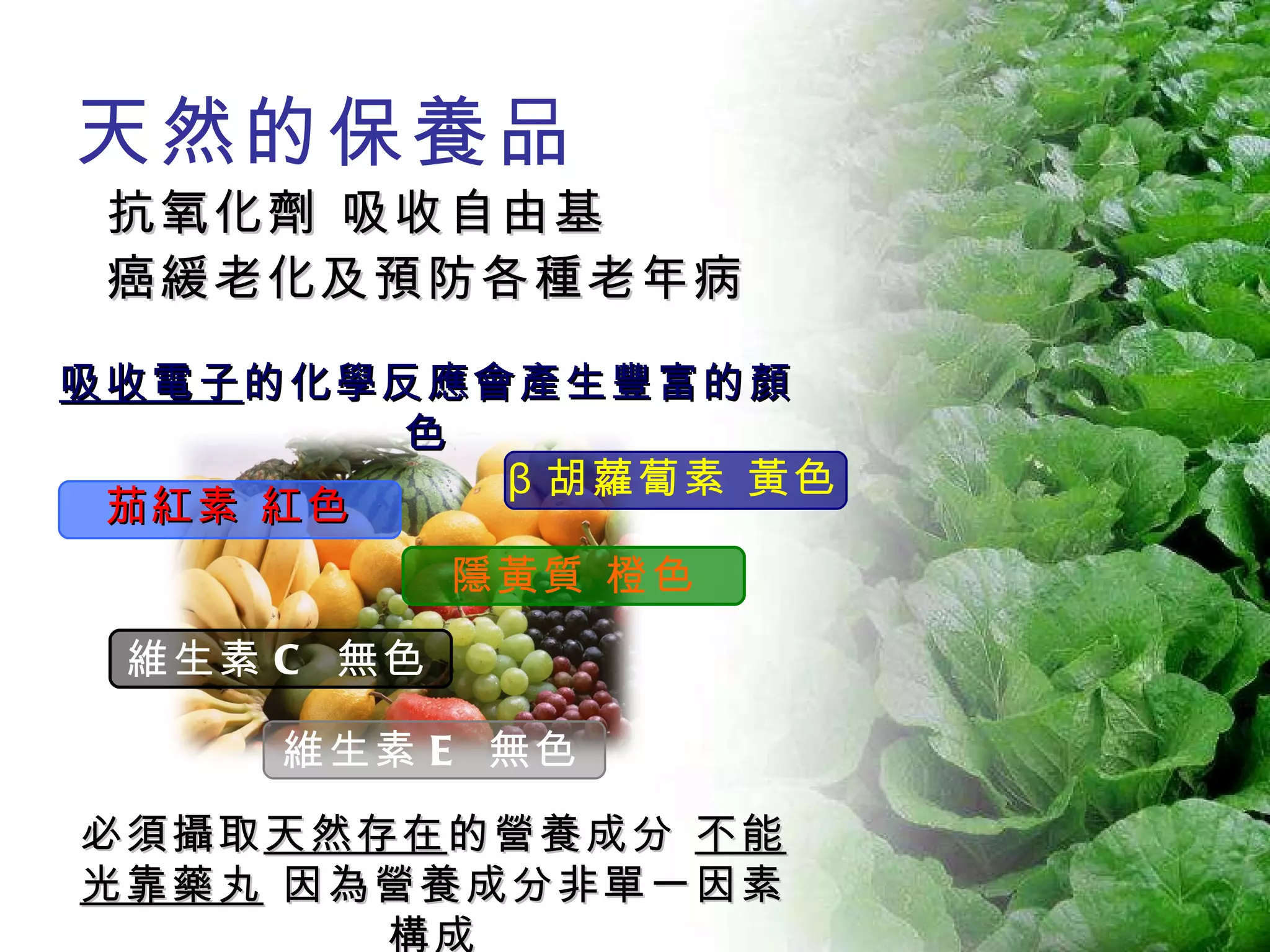 天然的保養品 抗氧化劑 吸收自由基 癌緩老化及預防各種老年病 吸收電子 的化學反應會產生豐富的顏色 必須攝取 天然存在 的營養成分  不能光靠藥丸  因為營養成分非單一因素構成 β 胡蘿蔔素 黃色 茄紅素 紅色 隱黃質 橙色 維生素 C   無色 維生素 E   無色 