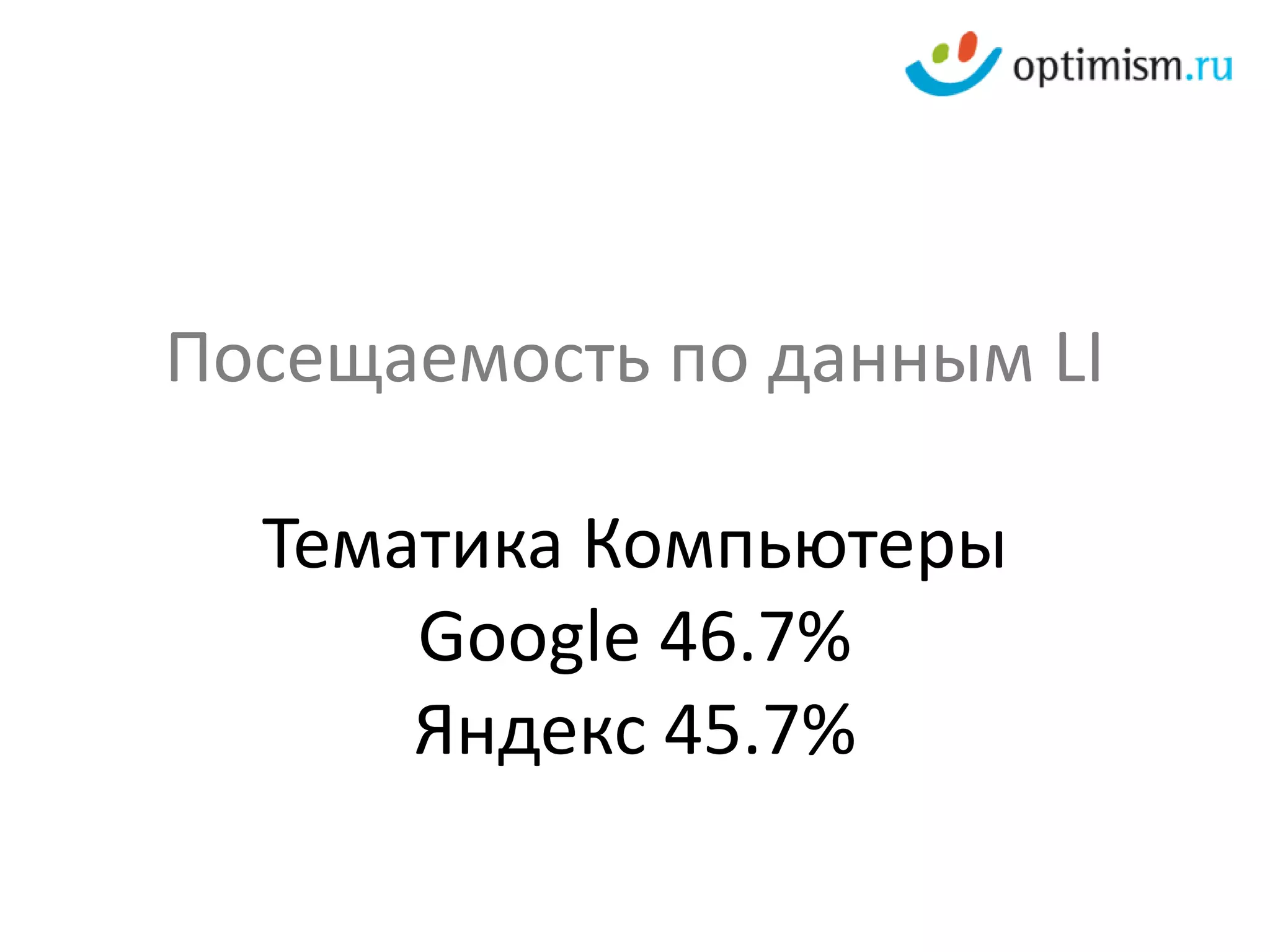 Посещаемость по данным LI

  Тематика Компьютеры
      Google 46.7%
      Яндекс 45.7%
 