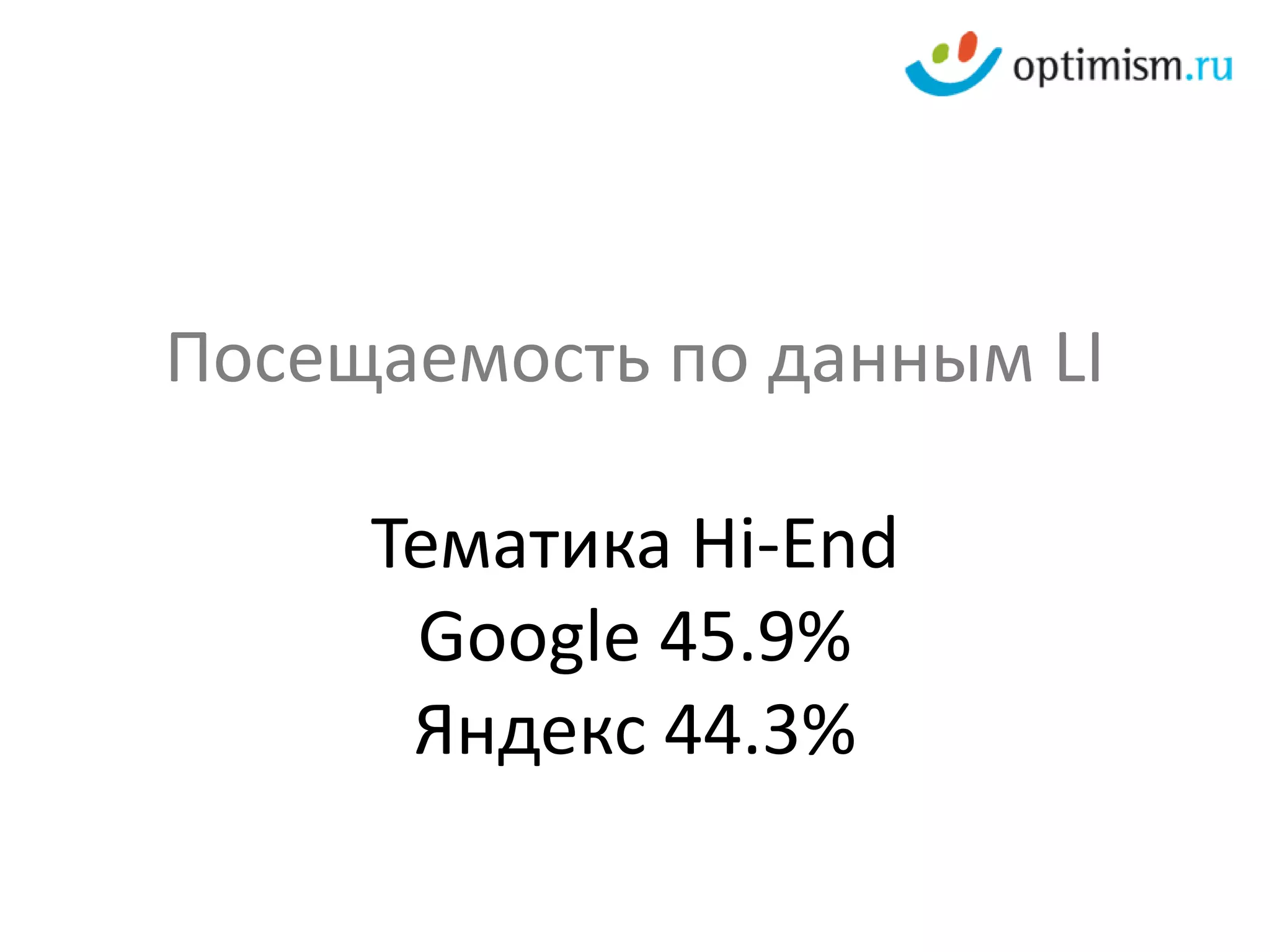 Посещаемость по данным LI

     Тематика Hi-End
      Google 45.9%
      Яндекс 44.3%
 