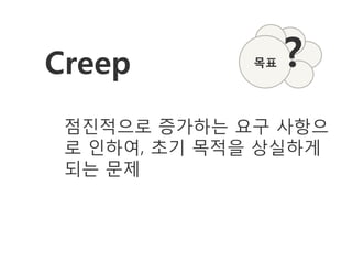 Creep        목표   ?
 점진적으로 증가하는 요구 사항으
 로 인하여, 초기 목적을 상실하게
 되는 문제
 
