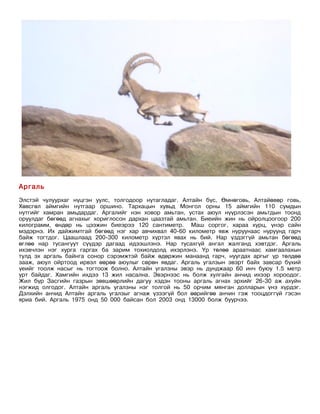 Аргаль
Элстэй чулуурхаг нүцгэн уулс, толгодоор нутагладаг. Алтайн бүс, Өмнөговь, Алтайөвөр говь,
Хөвсгөл аймгийн нутгаар оршино. Тархацын хувьд Монгол орны 15 аймгийн 110 сумдын
нутгийг хамран амьдардаг. Аргалийг нэн ховор амьтан, устах аюул нүүрлэсэн амьтдын тоонд
оруулдаг бөгөөд агнахыг хориглосон дархан цаазтай амьтан. Биеийн жин нь ойролцоогоор 200
килограмм, өндөр нь цээжин биеэрээ 120 сантиметр. Маш соргог, хараа хурц, үнэр сайн
мэдэрнэ. Их дайжимтгай бөгөөд нэг хар авчихвал 40-60 километр явж нуруунаас нуруунд гарч
байж тогтдог. Цаашлаад 200-300 километр хүртэл явах нь бий. Нар үздэггүй амьтан бөгөөд
өглөө нар тусангуут сүүдэр дагаад идээшлэнэ. Нар тусахгүй ангал жалганд хэвтдэг. Аргаль
ихэвчлэн нэг хурга гаргах ба зарим тохиолдолд ихэрлэнэ. Үр төлөө араатнаас хамгаалахын
тулд эх аргаль байнга сонор сэрэмжтэй байж өдөржин манаанд гарч, нуугдах аргыг үр төлдөө
зааж, аюул ойртоод ирвэл өөрөө аюулыг сөрөн явдаг. Аргаль угалзын эвэрт байх завсар бүхий
үеийг тоолж насыг нь тогтоож болно. Алтайн угалзны эвэр нь дунджаар 60 инч буюу 1.5 метр
урт байдаг. Хамгийн ихдээ 13 жил насална. Эвэрнээс нь болж хулгайн анчид ихээр хороодог.
Жил бүр Засгийн газрын зөвшөөрлийн дагуу хэдэн тооны аргаль агнах эрхийг 26-30 аж ахуйн
нэгжид олгодог. Алтайн аргаль угалзны нэг толгой нь 50 орчим мянган долларын үнэ хүрдэг.
Дэлхийн анчид Алтайн аргаль угалзыг агнаж үзээгүй бол өөрийгөө анчин гэж тооцдоггүй гэсэн
яриа бий. Аргаль 1975 онд 50 000 байсан бол 2003 онд 13000 болж буурчээ.
 