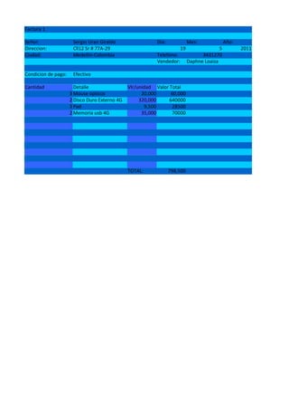 Factura 1
Señor: Sergio Uran Giraldo Dia: Mes: Año:
Direccion: Cll12 Sr # 77A-29 19 5 2011
Ciudad: Medellin-Colombia Telefono: 3431270
Vendedor: Daphne Loaiza
Condicion de pago: Efectivo
Cantidad Detalle Vlr/unidad Valor Total
3 Mouse opticos 20,000 60,000
2 Disco Duro Externo 4G 320,000 640000
3 Pad 9,500 28500
2 Memoria usb 4G 35,000 70000
TOTAL: 798,500