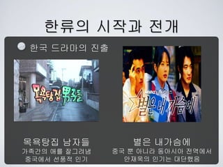 한류의 시작과 전개
목욕탕집 남자들
가족간의 애를 잘그려냄
중국에서 선풍적 인기
별은 내가슴에
중국 뿐 아니라 동아시아 전역에서
안재욱의 인기는 대단했음
한국 드라마의 진출
 