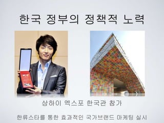 한국 정부의 정책적 노력
상하이 엑스포 한국관 참가
한류스타를 통한 효과적인 국가브랜드 마케팅 실시
 