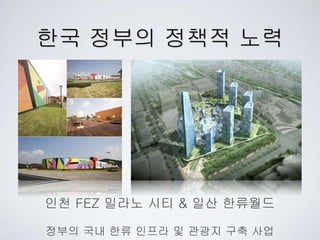 한국 정부의 정책적 노력
인천 FEZ 밀라노 시티 & 일산 한류월드
정부의 국내 한류 인프라 및 관광지 구축 사업
 