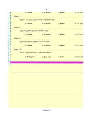 8
              a. Байнга              b. Ихэвчлэн        c. Хааяа   d. Огт үгүй

Асуулт 7:

       Өдөрт 1 ээс дээш удаа бэлхүүсний дасгал хийдэг

              a. Байнга              b. Ихэвчлэн        c. Хааяа   d. Огт үгүй

Асуулт 8:

       Сард нэг удаа өндөр ууланд аврих зэрэг

              a. Байнга              b. Ихэвчлэн        c. Хааяа   d. Огт үгүй

Асуулт 9:

       Өөрийнхөө ариун цэврийг байнга сахидаг

              a. Байнга              b. Ихэвчлэн        c. Хааяа   d. Огт үгүй

Асуулт 10:

       Би 2-3 нэг удаа 30 минут хэртээ явган явдаг

              a. Тааруухан           b. Дунд зэрэг      c. Сайн    d. Маш сайн




                                      Хуудас 127
 
