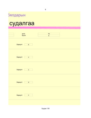 8



Бие бялдарын

хим судалгаа
 16          анги                10
 эм          бүлэг                в




       Хариулт       b




       Хариулт       c




       Хариулт       c




       Хариулт       d




       Хариулт       c




                         Хуудас 130
 