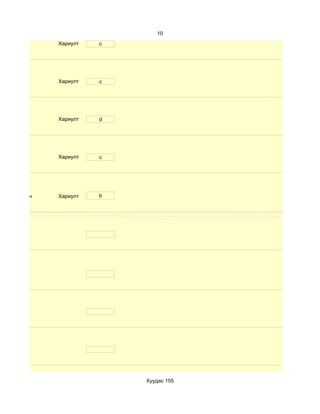 10
              Хариулт   c




              Хариулт   c




              Хариулт   d




              Хариулт   c




d. Маш сайн   Хариулт   b




                            Хуудас 155
 