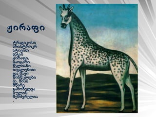 ჟირაფი ტრაგიკოსი არისტროკრატივით დგას ჟირაფი, საოცარი წყლიანი თვალებით და შავი წინწკლებით. მისი მწარე გამოხედვა სულის შემძვრელია. 