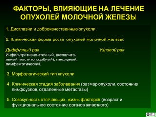 ФАКТОРЫ, ВЛИЯЮЩИЕ НА ЛЕЧЕНИЕ ОПУХОЛЕЙ МОЛОЧНОЙ ЖЕЛЕЗЫ 1. Дисплазии и доброкачественные опухоли   2.  Клиническая форма роста  опухолей молочной железы: Диффузный рак Узловой рак Инфильтративно-отечный, воспалите- льный (маститоподобный), панцирный,  лимфанготический. 3. Морфологический тип опухоли 4. Клиническая стадия заболевания  (размер опухоли, состояние лимфоузлов, отдаленные метастазы) 5. Совокупность отягчающих  жизнь факторов  (возраст и функциональное состояние органов животного) 