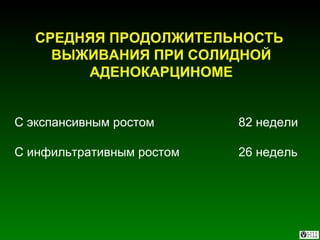 СРЕДНЯЯ ПРОДОЛЖИТЕЛЬНОСТЬ  ВЫЖИВАНИЯ ПРИ СОЛИДНОЙ АДЕНОКАРЦИНОМЕ С экспансивным ростом 82 недели С инфильтративным ростом 26 недель 
