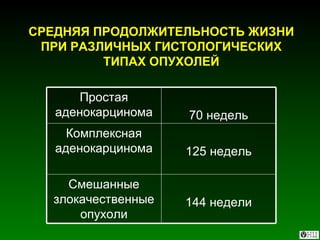 СРЕДНЯЯ ПРОДОЛЖИТЕЛЬНОСТЬ ЖИЗНИ ПРИ РАЗЛИЧНЫХ ГИСТОЛОГИЧЕСКИХ ТИПАХ ОПУХОЛЕЙ 144 недели Смешанные злокачественные опухоли 125 недель Комплексная аденокарцинома 70 недель Простая аденокарцинома 