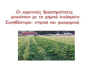 Οι αγροτικές δραστηριότητες ρυπαίνουν με τα χημικά λιπάσματα  Συνηθέστερα: νιτρικά και φωσφορικά   