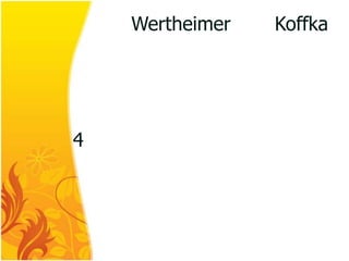             Wertheimer และKoffkaศึกษาธรรมชาติของ มนุษย์ว่ามีแนวโน้มเอียงจะนำสิ่งต่างๆมาผสมผสาน กันในรูปแบบใดบ้าง จึงสรุปเป็นกฎ 4 ประการ ดังนี้       1.  กฎแห่งความคล้ายคลึง       2.  กฎแห่งความใกล้ชิด       3.  กฎแห่งความสมบูรณ์       4.  กฎแห่งความต่อเนื่อง