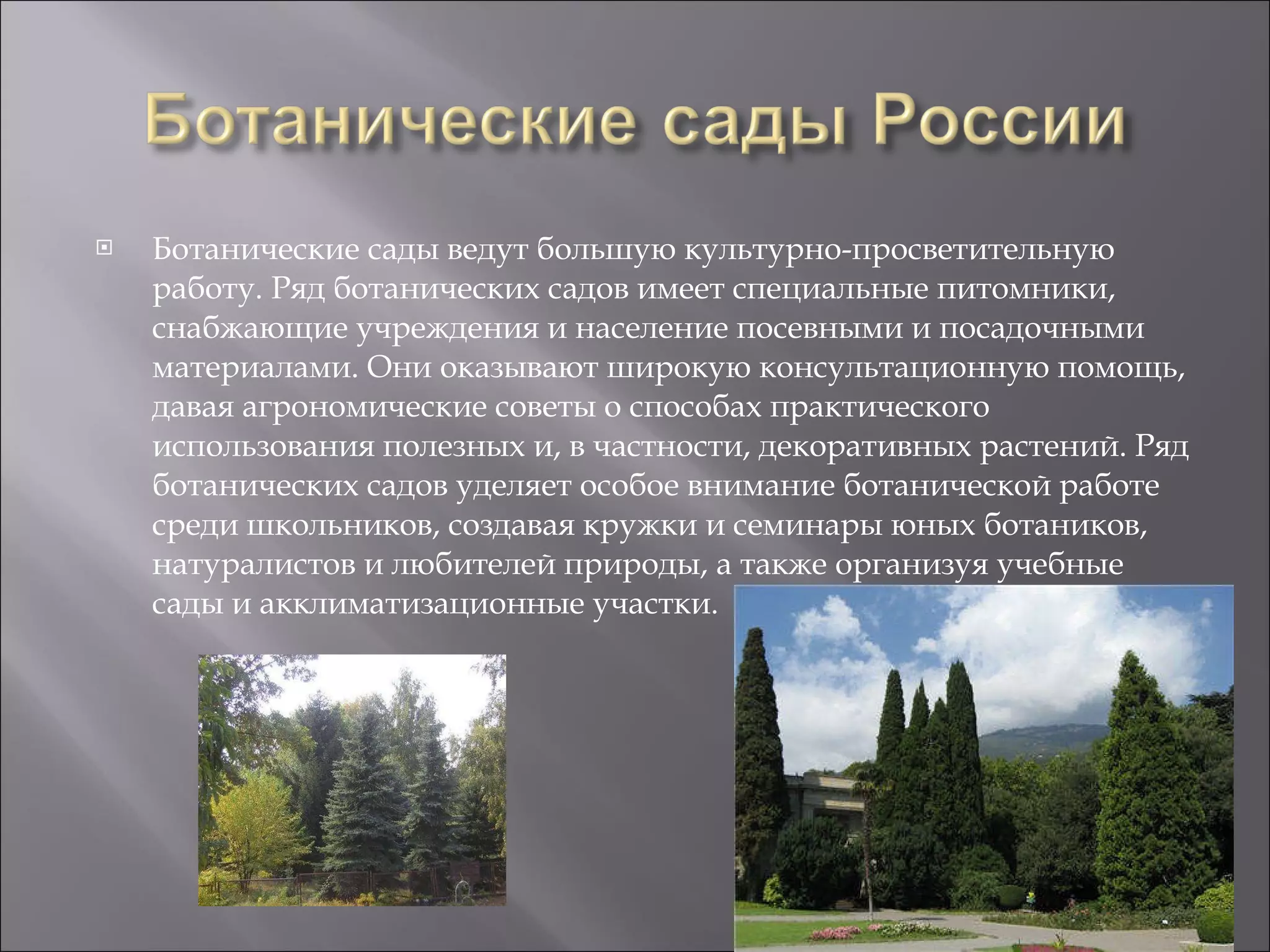 Ботанические сады ведут большую культурно-просветительную работу. Ряд ботанических садов имеет специальные питомники, снабжающие учреждения и население посевными и посадочными материалами. Они оказывают широкую консультационную помощь, давая агрономические советы о способах практического использования полезных и, в частности, декоративных растений. Ряд ботанических садов уделяет особое внимание ботанической работе среди школьников, создавая кружки и семинары юных ботаников, натуралистов и любителей природы, а также организуя учебные сады и акклиматизационные участки.  