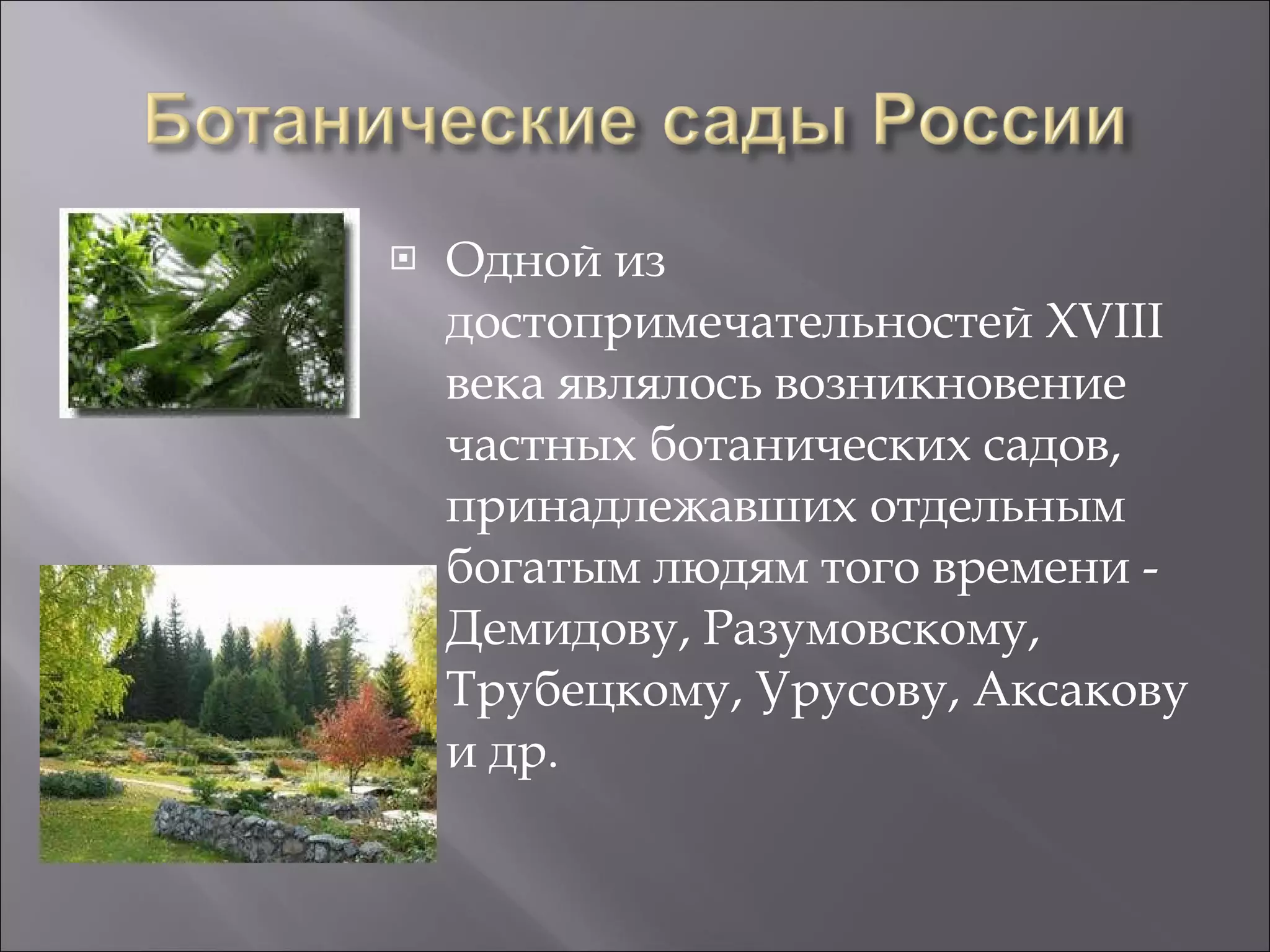 Одной из достопримечательностей XVIII века являлось возникновение частных ботанических садов, принадлежавших отдельным богатым людям того времени - Демидову, Разумовскому, Трубецкому, Урусову, Аксакову и др . 