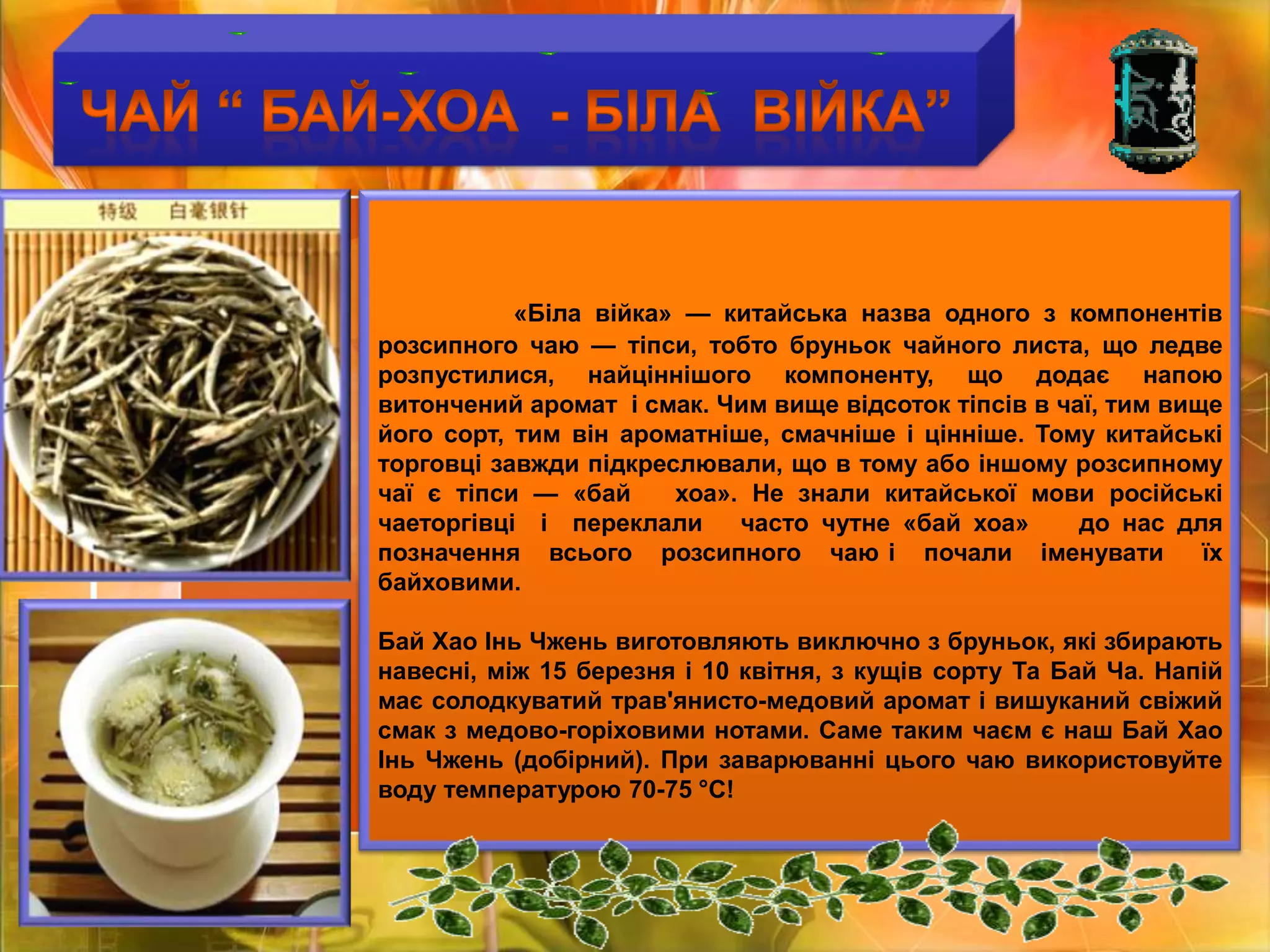 ЧАЙ “ БАЙ-ХОА  - БІЛА  ВІЙКА”«Біла війка» — китайська назва одного з компонентів розсипного чаю — тіпси, тобто бруньок чайного листа, що ледве розпустилися, найціннішого компоненту, що додає напою витончений аромат  і смак. Чим вище відсоток тіпсів в чаї, тим вище його сорт, тим він ароматніше, смачніше і цінніше. Тому китайські торговці завжди підкреслювали, що в тому або іншому розсипному чаї є тіпси — «бай   хоа». Не знали китайської мови російські чаеторгівці  і  переклали   часто чутне «бай хоа»    до нас для позначення   всього   розсипного   чаю і   почали   іменувати    їх  байховими. Бай ХаоІньЧжень виготовляють виключно з бруньок, які збирають навесні, між 15 березня і 10 квітня, з кущів сорту Та Бай Ча. Напій має солодкуватий трав'янисто-медовий аромат і вишуканий свіжий смак з медово-горіховими нотами. Саме таким чаєм є наш Бай ХаоІньЧжень (добірний). При заварюванні цього чаю використовуйте воду температурою 70-75 °C!