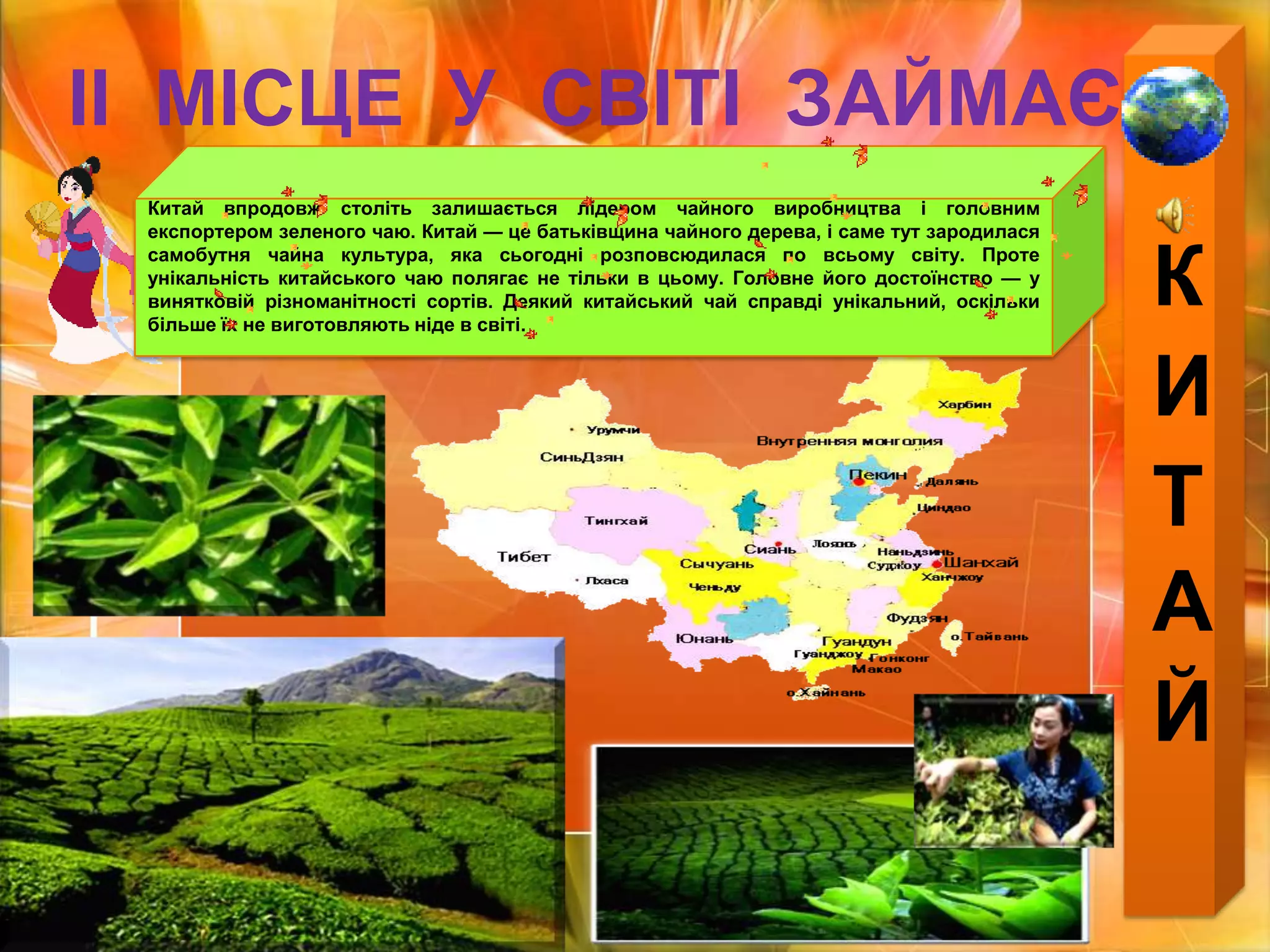 КИТАЙІІ  МІСЦЕ  У  СВІТІ  ЗАЙМАЄ:Китай впродовж століть залишається лідером чайного виробництва і головним експортером зеленого чаю. Китай — це батьківщина чайного дерева, і саме тут зародилася самобутня чайна культура, яка сьогодні розповсюдилася по всьому світу. Проте унікальність китайського чаю полягає не тільки в цьому. Головне його достоїнство — у винятковій різноманітності сортів. Деякий китайський чай справді унікальний, оскільки більше їх не виготовляють ніде в світі.