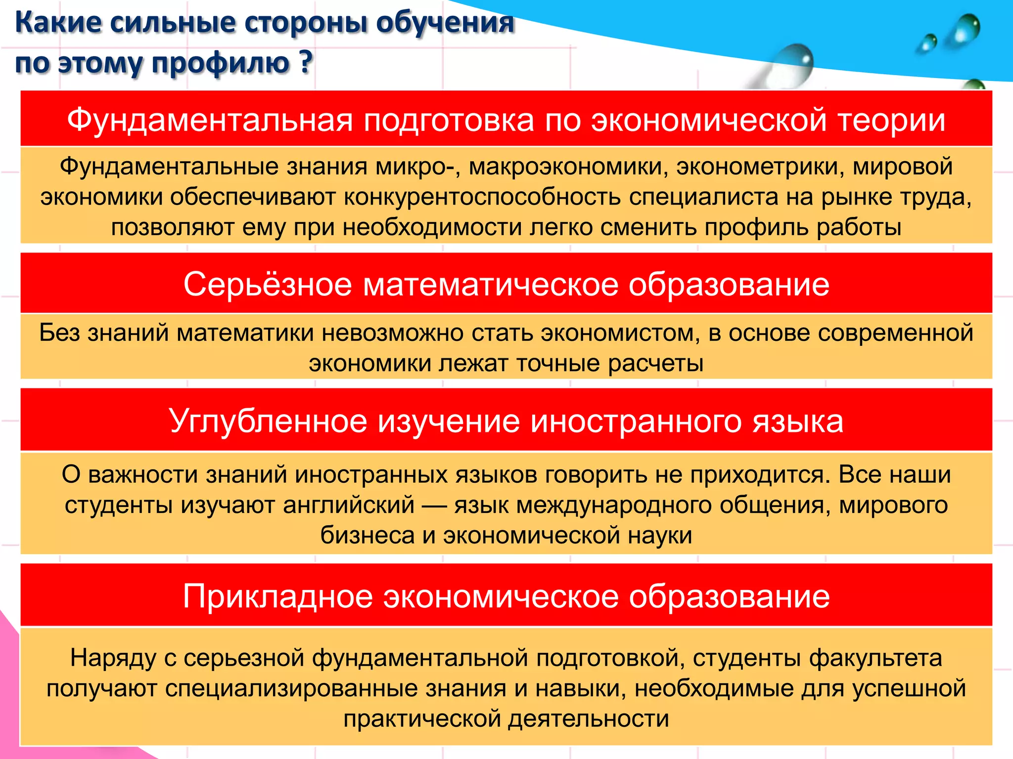 Какие сильные стороны обучения по этому профилю ?Фундаментальная подготовка по экономической теорииФундаментальные знания микро-, макроэкономики, эконометрики, мировой экономики обеспечивают конкурентоспособность специалиста на рынке труда, позволяют ему при необходимости легко сменить профиль работыСерьёзное математическое образованиеБез знаний математики невозможно стать экономистом, в основе современной экономики лежат точные расчетыУглубленное изучение иностранного языкаО важности знаний иностранных языков говорить не приходится. Все наши студенты изучают английский — язык международного общения, мирового бизнеса и экономической наукиПрикладное экономическое образованиеНаряду с серьезной фундаментальной подготовкой, студенты факультета получают специализированные знания и навыки, необходимые для успешной практической деятельности