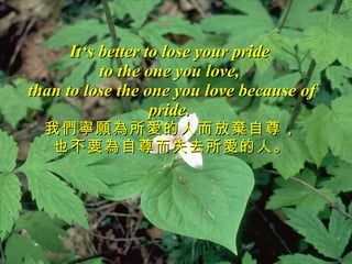 It‘s better to lose your pride  to the one you love,  than to lose the one you love because of pride.   我們寧願為所愛的人而放棄自尊， 也不要為自尊而失去所愛的人。 