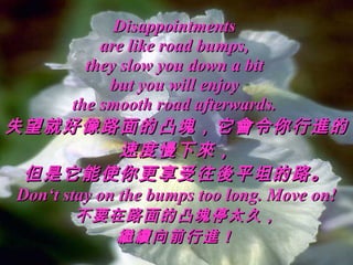 Disappointments  are like road bumps,  they slow you down a bit  but you will enjoy  the smooth road afterwards.  失望就好像路面的凸塊，它會令你行進的速度慢下來， 但是它能使你更享受往後平坦的路。 Don‘t stay on the bumps too long. Move on! 不要在路面的凸塊停太久， 繼續向前行進！ 