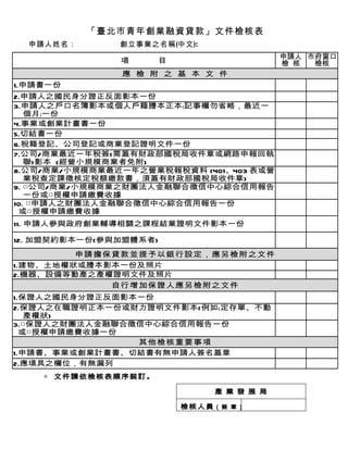 　　　　　　　　

           「臺北市青年創業融資貸款」文件檢核表
  申請人姓名：       創立事業之名稱(中文):
                                           申請人 市府窗口
               項     目                     檢 核  檢核
               應 檢 附 之 基 本 文 件
1.申請書一份
2.申請人之國民身分證正反面影本一份
3.申請人之戶口名簿影本或個人戶籍謄本正本﹙記事欄勿省略，最近一
   個月﹚一份
4.事業或創業計畫書一份
5.切結書一份
6.稅籍登記、公司登記或商業登記證明文件一份
7.公司/商業最近一年稅簽(需蓋有財政部國稅局收件章或網路申報回執
   聯)影本 (經營小規模商業者免附)
8.公司/商業/小規模商業最近一年之營業稅報稅資料 (401、403 表或營
   業稅查定課徵核定稅額繳款書，須蓋有財政部國稅局收件章)
9. □公司/商業/小規模商業之財團法人金融聯合徵信中心綜合信用報告
   一份或□授權申請繳費收據
10. □申請人之財團法人金融聯合徵信中心綜合信用報告一份
 或□授權申請繳費收據
11. 申請人參與政府創業輔導相關之課程結業證明文件影本一份

12. 加盟契約影本一份(參與加盟體系者)
         申請擔保貸款並提予以銀行設定，應另檢附之文件
1.建物、土地權狀或謄本影本一份及照片
2.機器、設備等動產之產權證明文件及照片
             自行增加保證人應另檢附之文件
1.保證人之國民身分證正反面影本一份
2.保證人之在職證明正本一份或財力證明文件影本(例如:定存單、不動
   產權狀)
3.□保證人之財團法人金融聯合徵信中心綜合信用報告一份
  或□授權申請繳費收據一份
                其他檢核重要事項
1.申請書、事業或創業計畫書、切結書有無申請人簽名蓋章
2.應填具之欄位，有無漏列
    ◎ 文件請依檢核表順序裝訂。

                               產 業 發 展 局

                          檢核人員 （簽 章）
 