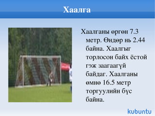Хаалга Хаалганы өргөн 7.3 метр. Өндөр нь 2.44 байна. Хаалгыг торлосон байх ёстой гэж заагаагүй байдаг. Хаалганы өмнө 16.5 метр торгуулийн бүс байна. 