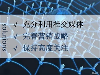 √ 充分利用社交媒体
solutions



            √ 完善营销战略
            √ 保持高度关注


                         30/62
 