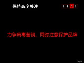 保持高度关注    1 2 3 4




力争病毒营销，同时注意保护品牌




                     56/62
 