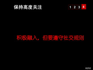 保持高度关注    1 2 3 4




积极融入，但要遵守社交规则




                    60/62
 