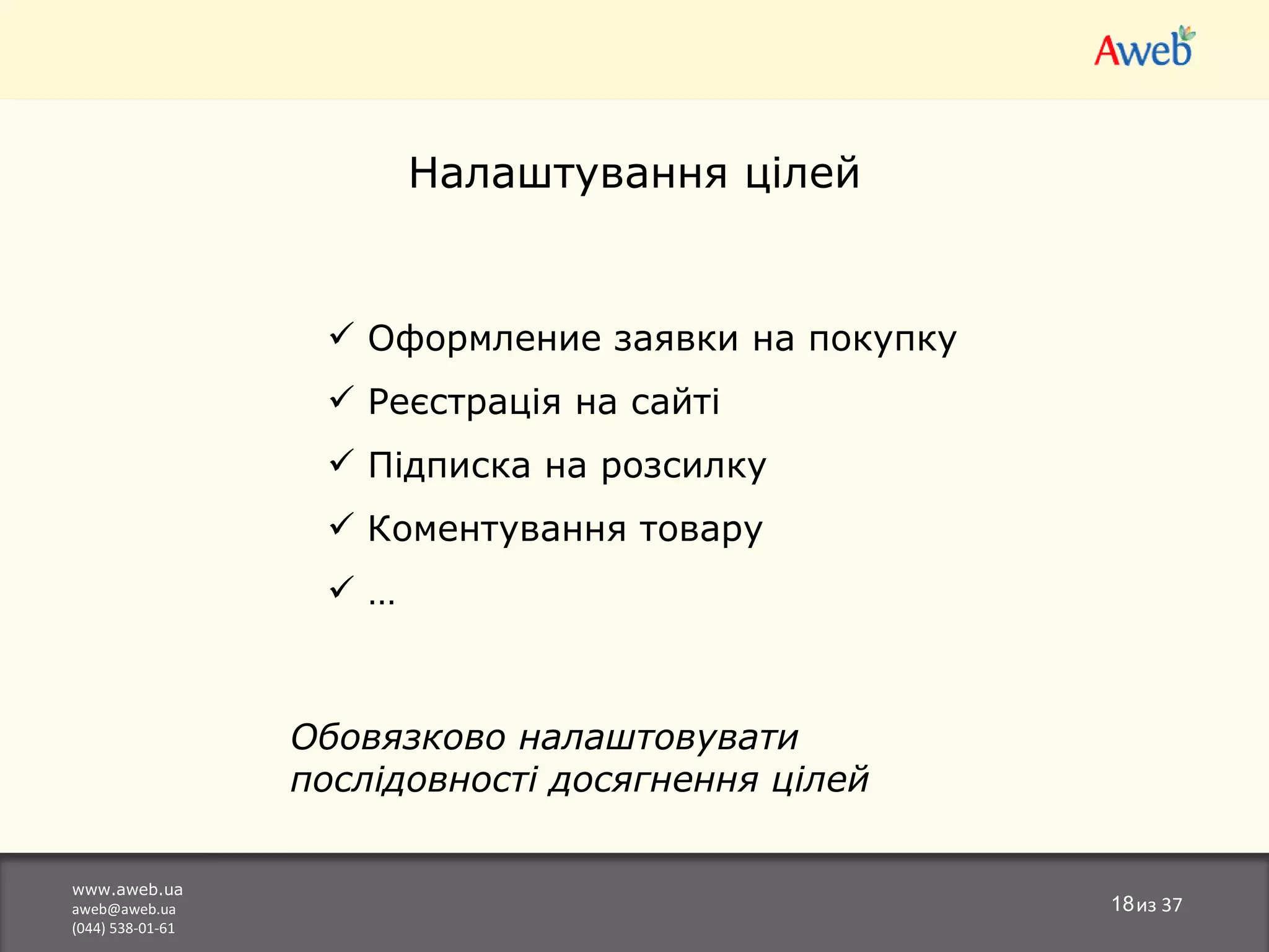 www.aweb.ua [email_address] (044) 538-01-61 из  37 Налаштування цілей Оформление заявки на покупку Реєстрація на сайті Підписка на розсилку Коментування товару … Обов язково н алаштовувати послідовності досягнення цілей 