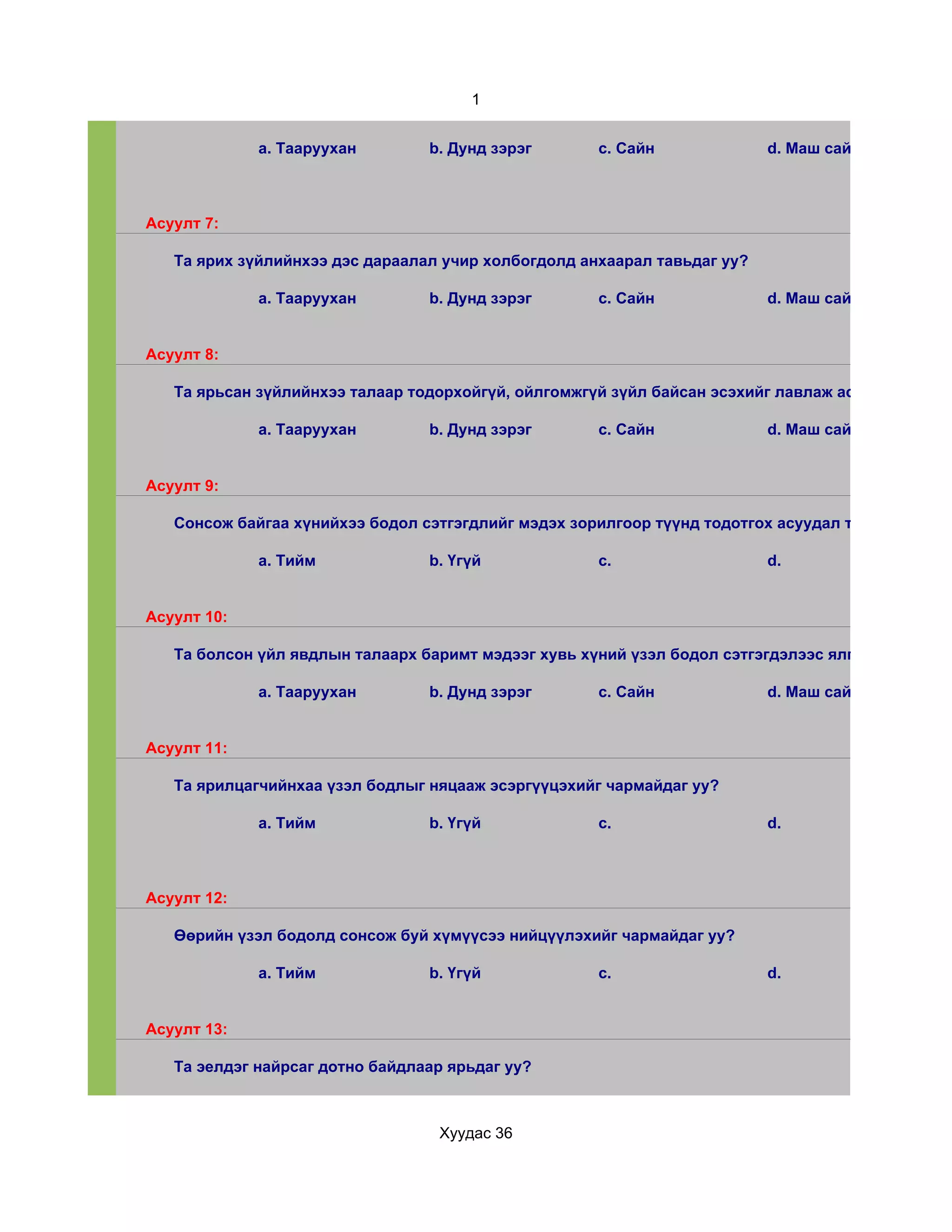 1


             a. Тааруухан        b. Дунд зэрэг       c. Сайн              d. Маш сайн



Асуулт 7:

   Та ярих зүйлийнхээ дэс дараалал учир холбогдолд анхаарал тавьдаг уу?

             a. Тааруухан        b. Дунд зэрэг       c. Сайн              d. Маш сайн


Асуулт 8:

   Та ярьсан зүйлийнхээ талаар тодорхойгүй, ойлгомжгүй зүйл байсан эсэхийг лавлаж асуудаг уу?

             a. Тааруухан        b. Дунд зэрэг       c. Сайн              d. Маш сайн


Асуулт 9:

   Сонсож байгаа хүнийхээ бодол сэтгэгдлийг мэдэх зорилгоор түүнд тодотгох асуудал тавьдаг уу?

             a. Тийм             b. Үгүй             c.                   d.


Асуулт 10:

   Та болсон үйл явдлын талаарх баримт мэдээг хувь хүний үзэл бодол сэтгэгдэлээс ялгаж чадах уу?

             a. Тааруухан        b. Дунд зэрэг       c. Сайн              d. Маш сайн


Асуулт 11:

   Та ярилцагчийнхаа үзэл бодлыг няцааж эсэргүүцэхийг чармайдаг уу?

             a. Тийм             b. Үгүй             c.                   d.



Асуулт 12:

   Өөрийн үзэл бодолд сонсож буй хүмүүсээ нийцүүлэхийг чармайдаг уу?

             a. Тийм             b. Үгүй             c.                   d.


Асуулт 13:

   Та эелдэг найрсаг дотно байдлаар ярьдаг уу?



                                  Хуудас 36
 