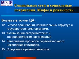 Болевые точки ЦА: 12.  Угроза сращивания криминальных структур с государственными органами. 13. Активизация экстремистских и террористических организаций. 14. Завершение процесса первоначального накопления капиталов. 15. Создание сырьевых экономик.  Социальные сети и социальные потрясения. Мифы и реальность. 