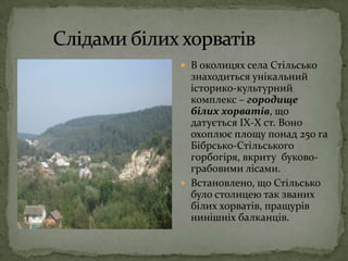Слідами білих хорватівВ околицях села Стільсько знаходиться унікальний історико-культурний комплекс – городище білих хорватів, що датується ІХ-Х ст. Воно охоплює площу понад 250 га Бібрсько-Стільського горбогіря, вкриту  буково-грабовими лісами.Встановлено, що Стільсько було столицею так званих білих хорватів, пращурів нинішніх балканців.