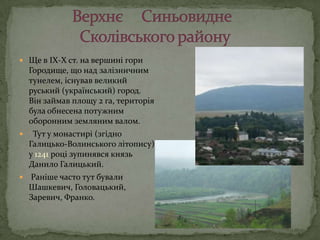               Верхнє     СиньовиднеСколівського районуЩе в ІХ-Х ст. на вершині гори Городище, що над залізничним тунелем, існував великий руський (український) город. Він займав площу 2 га, територія була обнесена потужним оборонним земляним валом.  Тут у монастирі (згідно Галицько-Волинського літопису)  у 1241 році зупинявся князь Данило Галицький.Раніше часто тут бували Шашкевич, Головацький, Заревич, Франко.