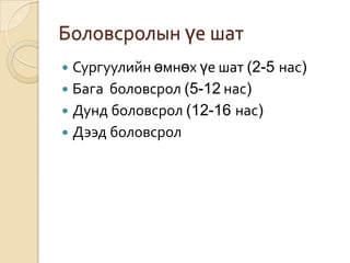 Албанёсныбусболовсрол ньголдуугэртээ, жишээлбэлхүүхдийн, эцэгэхээсээхоолхийхийгзаалгахболовсролюм.Боловсролын үе шатСургуулийн өмнөх үе шат (2-5 нас)Бага  боловсрол (5-12 нас)Дунд боловсрол (12-16 нас)Дээд боловсрол 