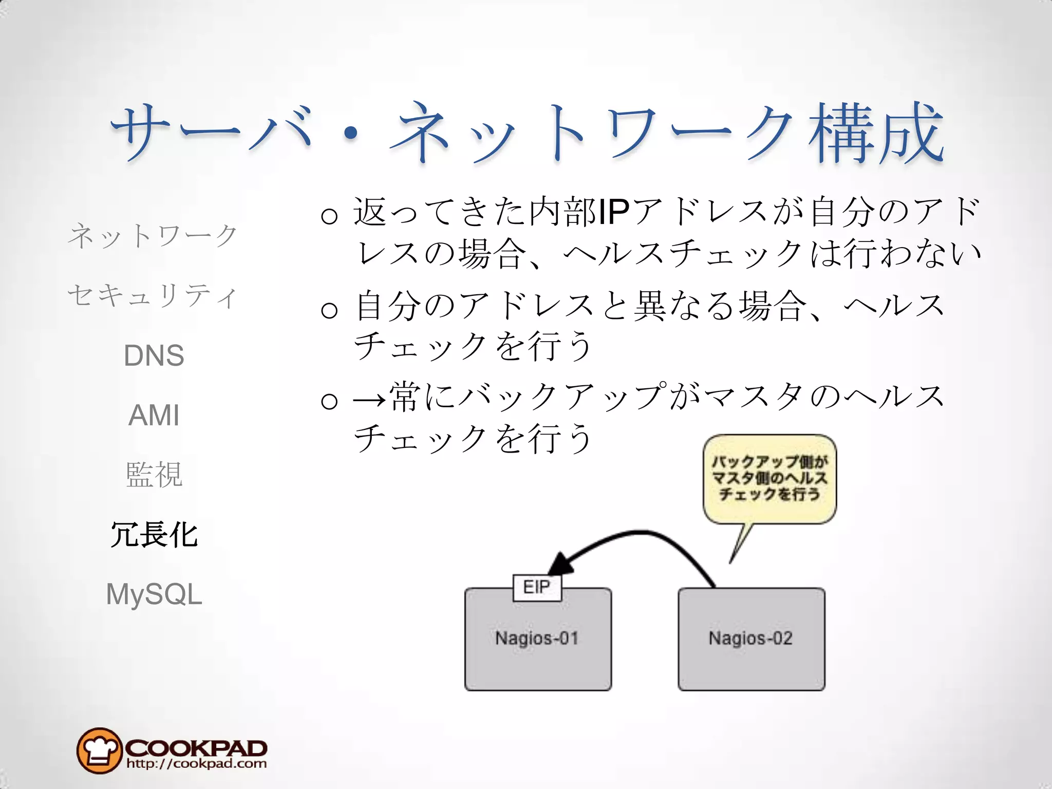 サーバ・ネットワーク構成返ってきた内部IPアドレスが自分のアドレスの場合、ヘルスチェックは行わない自分のアドレスと異なる場合、ヘルスチェックを行う->常にバックアップがマスタのヘルスチェックを行うネットワークセキュリティDNSAMI監視冗長化MySQL