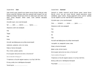 1/цээж бичиг          Хавч                                              1/цээж бичиг        Хавтгай

Хавч толгой, цээж, хэвлий гэсэн гурван хэсгээс бүтдэг. Хоёр урт, хоёр   Хавтгай нь гэрийн тэмээтэй төстэй боловч жижиг товгор босоо
богино сахалтай. Нийлмэл хоёр нүд, цээжний хоёр талаар 5 хос х өл       бөхтэй, хүзүү, хөл урт, гоолиг биетэй, тавхай жижгэвтэр, хошуу
байрласан байдаг. Манай орны Онон гол, Буйр нуурт хавч элбэг. Хавч      шөмбөгөр, уруул нимгэн. Зогдор өвдөгний хялгас шингэн. Цайвар
ямагт усанд амьдарч, жижиг шавж, үхэж сөнөсөн амьтдаар                  зүстэй, нарийн сүүлтэй. Хавтгай 350 кг орчим жинтэй.
хооллоно.
                                                                        2/үгсийн эсрэг утгыг олж бичээрэй.
2/үгсийн эсрэг утгыг олж бичээрэй.
                                                                        Унах ........ чихэрлэг .......... алхах .......... ургах ............
Урт ........ сайн .......... нимгэн .............. тарган............
                                                                        3/орхисон үгийг олж нөхөөрэй.
3/орхисон үгийг олж нөхөөрэй.
                                                                        Суу
Хор
                                                                        Хаа
Тодор
                                                                        Ав
Хом
                                                                        Сөр
Ноор
                                                                        4/үгсийг зөв байрлуулан өгүүлбэр зохиогоорой.
4/үгсийг зөв байрлуулан өгүүлбэр зохиогоорой.
                                                                        тэнгэрийн, нэг, жавартай, улаан, хаяа,
самнасан, цэвэрхэн, үсээ, нэг, эхнэр,
                                                                        5/зөв үг болгон бичээрэй.
5/зөв үг болгон бичээрэй.
                                                                        Драаг, цгээр, алгхач,туалсх,
Рах, нгнооо, цнаааг, цхрээн,
                                                                        6/үсгүүдээс эвлүүлж хэн олон үг бүтээх вэ?
6/ үсгүүдээс эвлүүлж хэн олон үг бүтээх вэ?
                                                                        / а, о, э, ө, м, л, б, р, д, т /
/ а, о, э, ө, м, л, б, р, д, т /
                                                                        7/нэрлэсэн үг ба үйл хөдлөл заасан үг тус бүр 2-ийг бич.
7/ нэрлэсэн үг ба үйл хөдлөл заасан үг тус бүр 2-ийг бич.
                                                                        8/хэлц үгийн утгыг тайлбарлан бичээрэй.
8/ хэлц үгийн утгыг тайлбарлан бичээрэй.
                                                                        Нүд алдах .....................................
Толгой эргэх .....................................
 