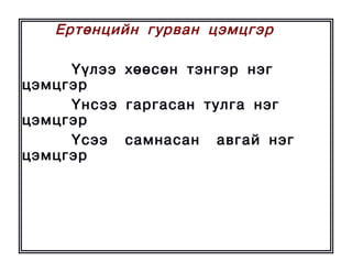 Åðòºíöèéí ãóðâàí öýìöãýð

     ¯¿ëýý õººñºí òýíãýð íýã
öýìöãýð
     ¯íñýý ãàðãàñàí òóëãà íýã
öýìöãýð
     ¯ñýý ñàìíàñàí àâãàé íýã
öýìöãýð
 
